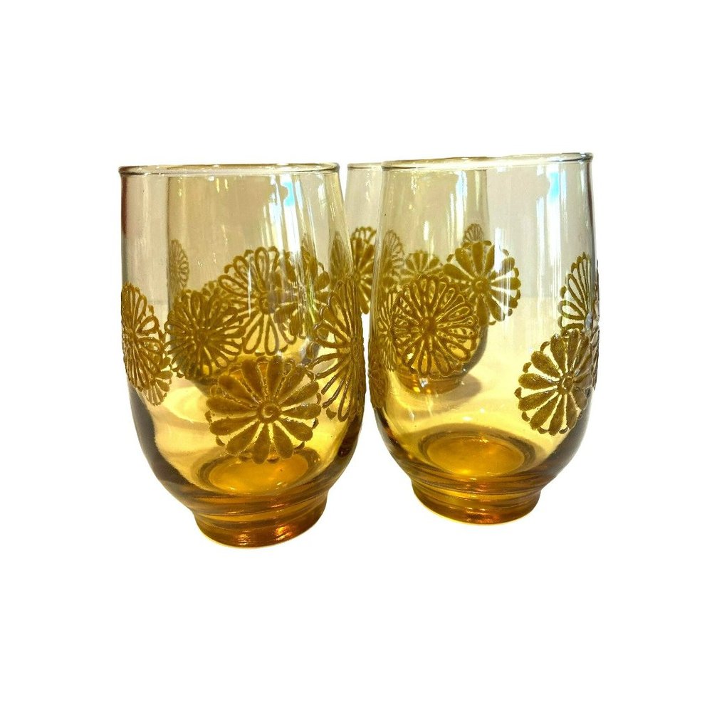 Vintage MCM Drinking Glasses Set of 4 Amber Libbey Daisy Pattern 1970’s